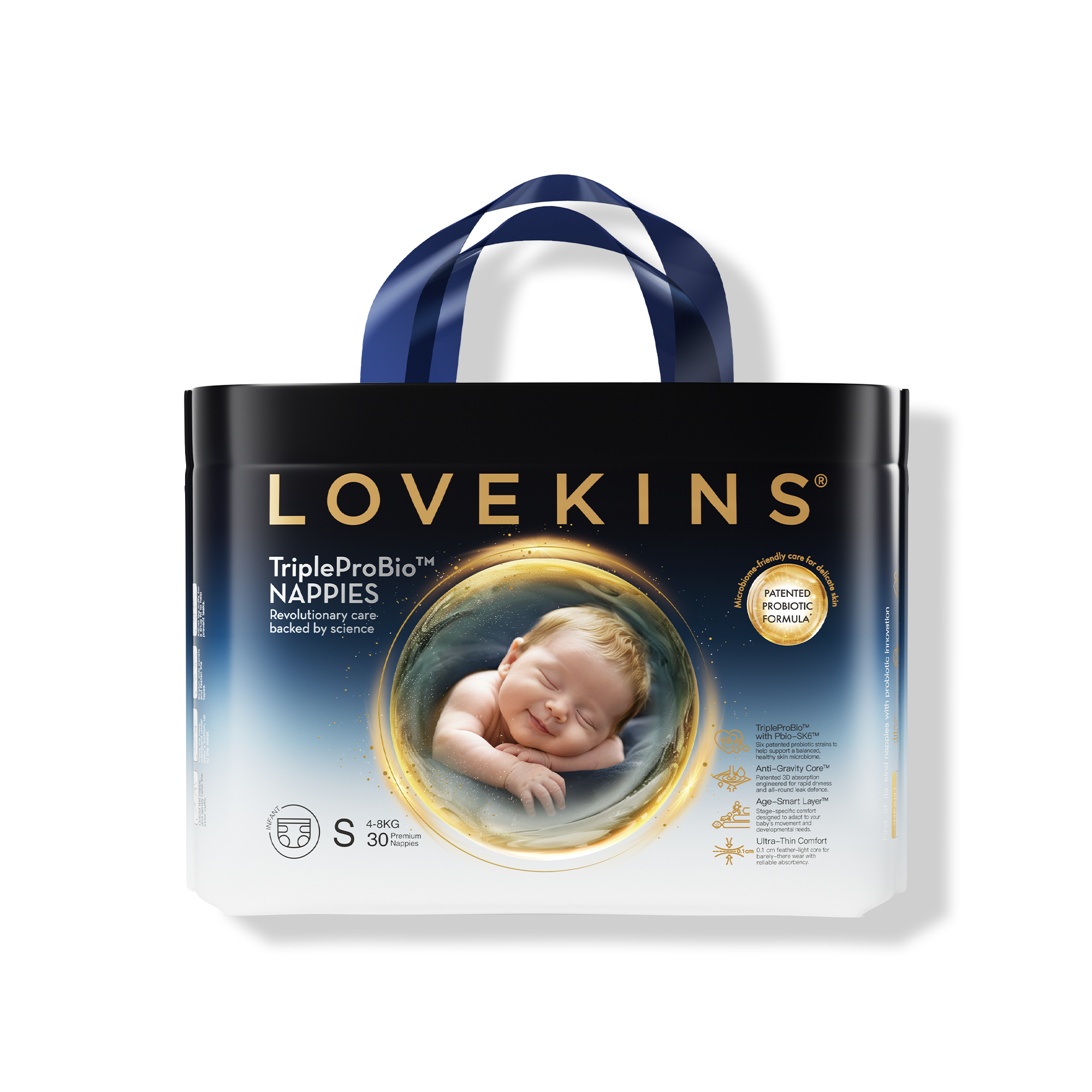 Lovekins TriplePro Bio Infant Nappies (S) pack front