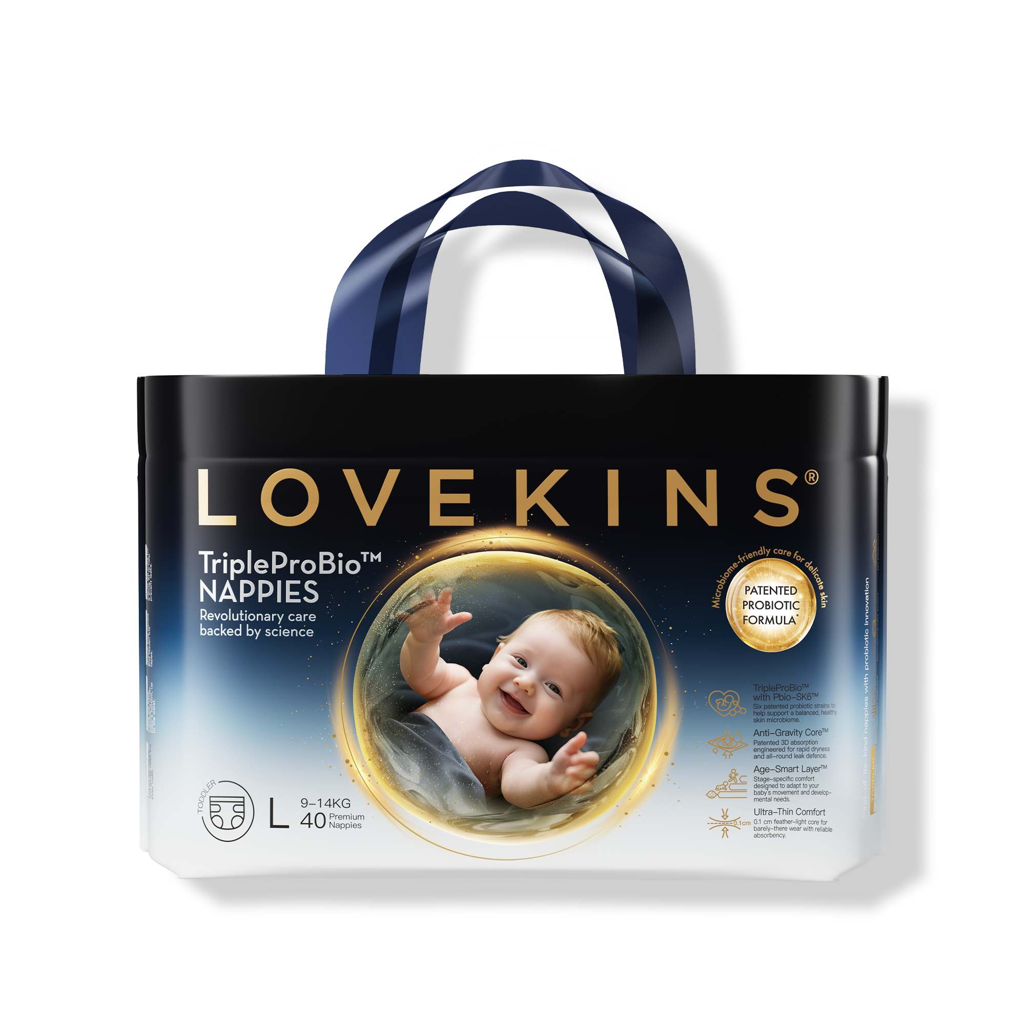 Lovekins TriplePro Bio Toddler Nappies (L) pack front