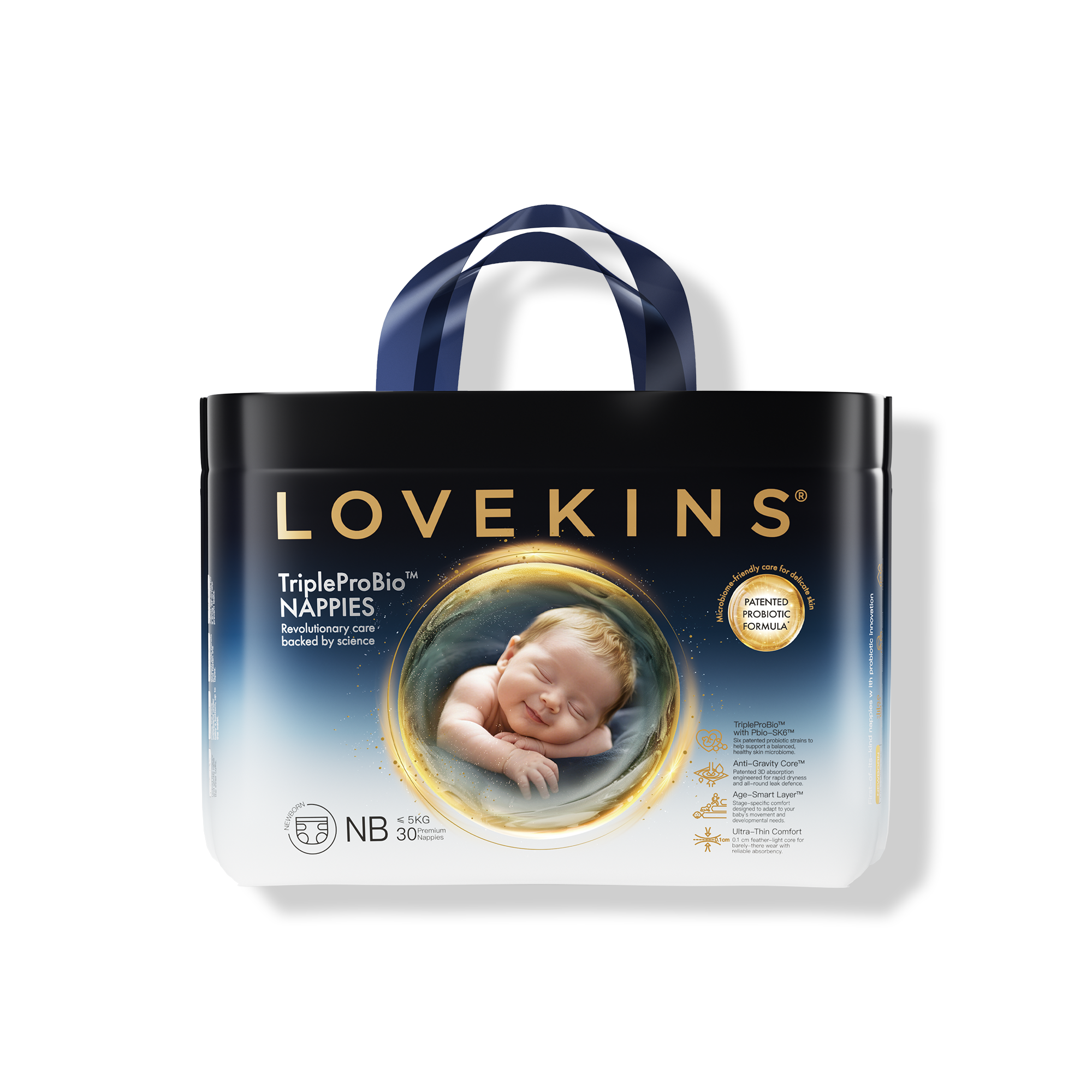 Lovekins TriplePro Bio Newborn Nappies (NB) pack front